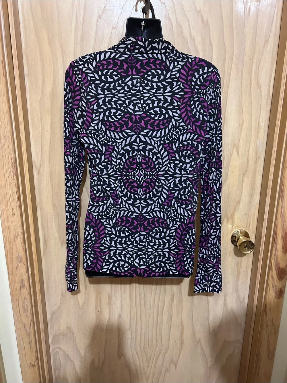 Tory Burch Black, White & Purple Printed Button-Down Silk Shirt